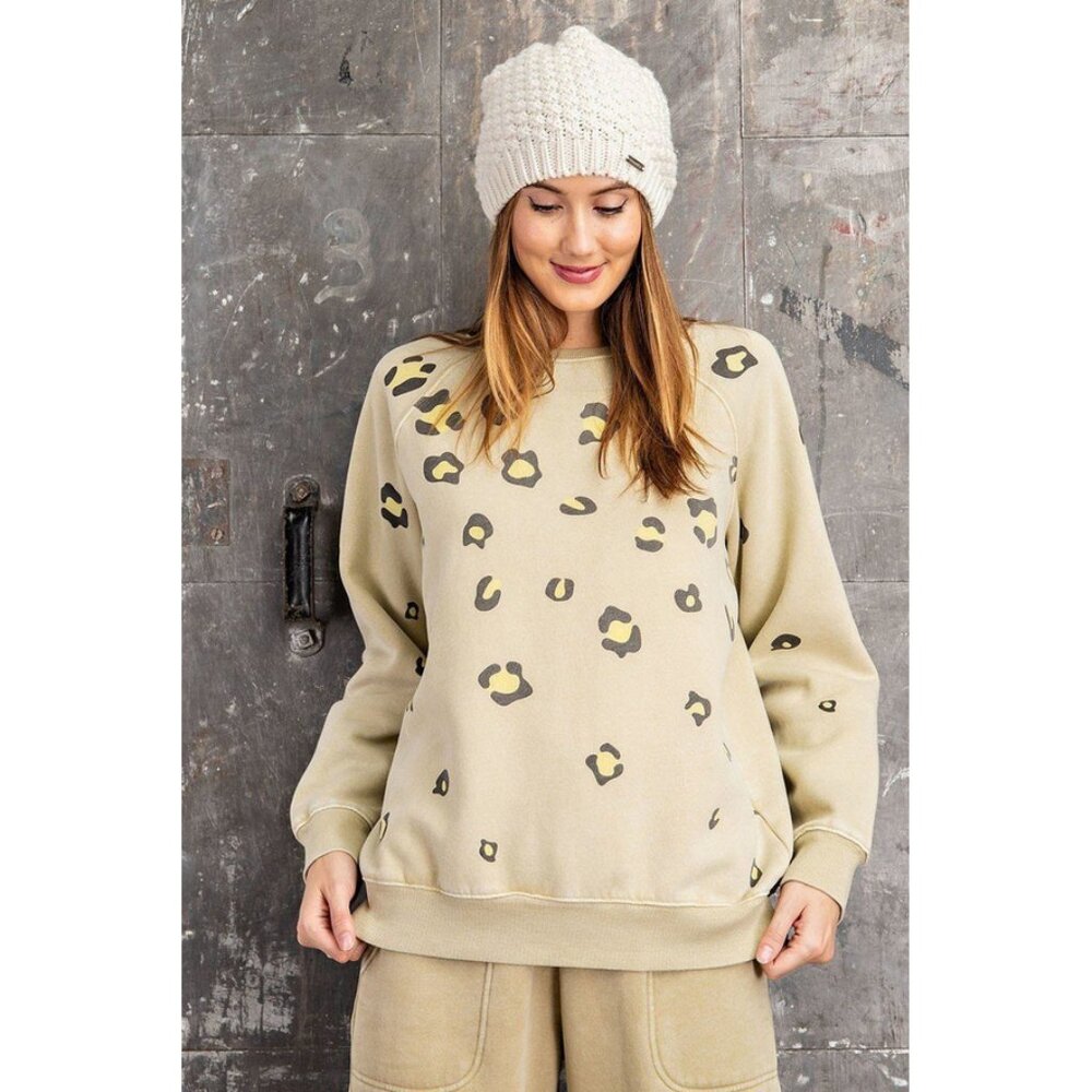 Easel Sz. S Wild Essence Long Sleeve Leopard Print Washed Terry Sweatshirt